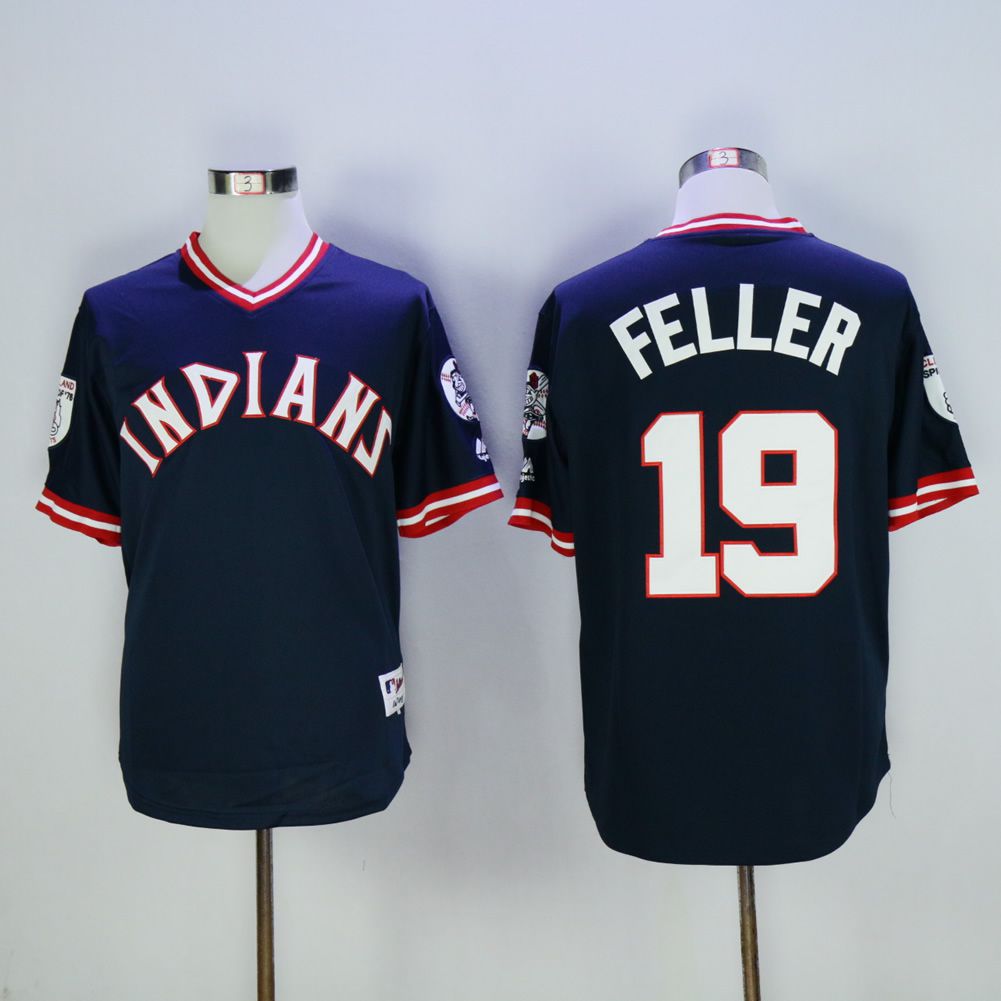 Men Cleveland Indians 19 Feller Blue Throwback MLB Jerseys